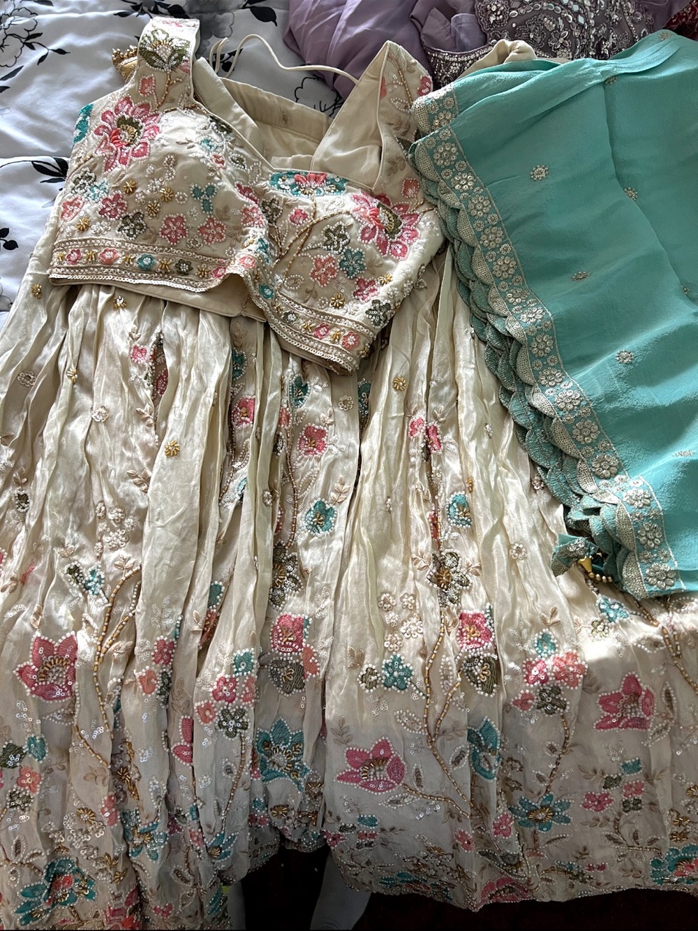 Cream Floral Lehenga with blue Dupatta